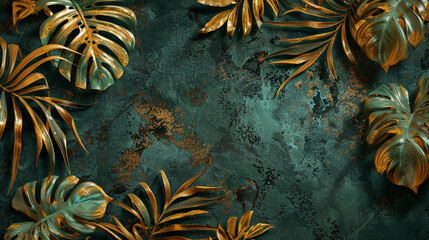 Wall Mural - Tropical plants and golden leaves on a dark green background with copy space, a luxury wallpaper design for a wall mural or poster print