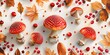 a group of mushrooms and leaves on a white surface with red berries and orange leaves on the ground and on the ground