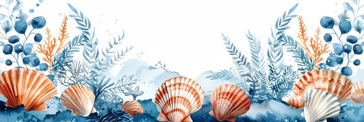 Wall Mural - a painting of seashells and seaweed on a blue background with a white background and a white border