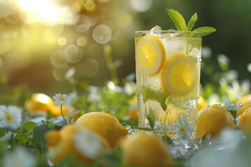 Wall Mural - a glass of lemonade with mint and lemon slices on a bed of flowers and daisies in the background