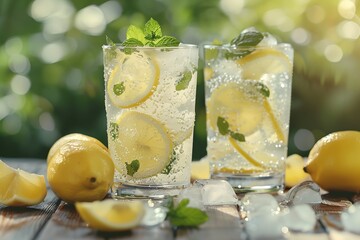 Wall Mural - two glasses of lemonade with ice and lemons on a table with leaves and lemons around them