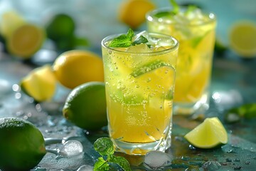 Wall Mural - a glass of lemonade with limes and mint on a table with ice and lemons around it