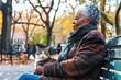 Serene African American elderly woman with cat on a park bench in autumn.