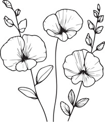 Wall Mural - Sweet pea flowers coloring page, simplicity, Embellishment, monochrome, vector art, Outline print with blossoms Sweet pea, leaves, and buds Sweet pea flowers tattoos, Ornate contour Sweet pea plant 