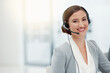 Portrait, consultant and woman with headset in office for career, smile or telemarketing. Professional, business person or call agent for advice, support or answer questions for customer service