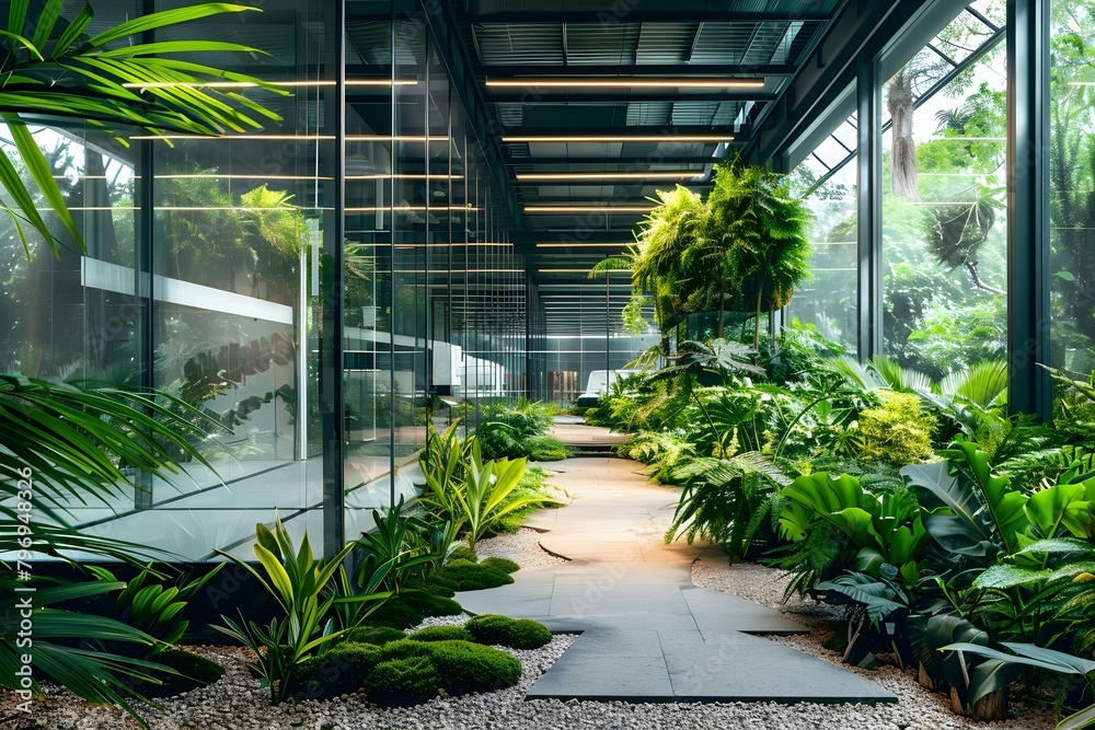 Curated visual reference: Green Indoor Environmentally Friendly Spaces Reference: Environmentally Conscious Glass Office With Sustainable Design And Lush