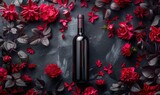 Fototapeta  - A red wine bottle around flowers