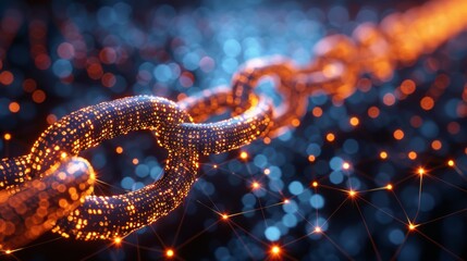 Wall Mural - Close-up of a digital blockchain represented by a glowing chain link on a dynamic tech background