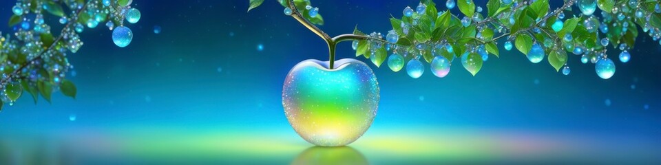 Wall Mural - Abstract surrealistic illustration translucent apple shaped bubble on sunset background. Background for social media banner, website and for your design, space for text.	