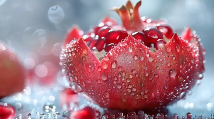 Wall Mural - Translucent Beauty: Macro Pomegranate Seed with Water Droplets, generative ai