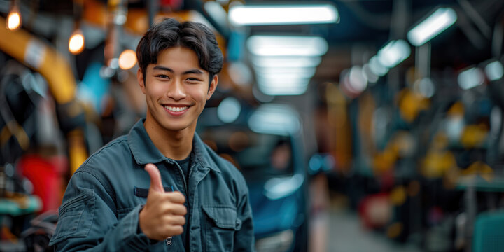 portrait of smiling asian mechanic showing thumbs up in auto repair shop