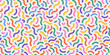 © Danchenko - Rainbow cake sprinkle pattern. 80s Birthday. Funky confetti background. Donuts glaze, dessert background. Memphis style. Curved lines. Celebration design. Background for wrapping paper, and fabric.