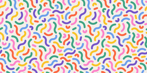 Rainbow cake sprinkle pattern. 80s Birthday. Funky confetti background. Donuts glaze, dessert background. Memphis style. Curved lines. Celebration design. Background for wrapping paper, and fabric.