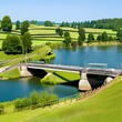nature and engineering with an image of a bascule bridge over a winding river, surrounded by a pastoral landscape