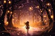 little girl walk in magical forest illustration