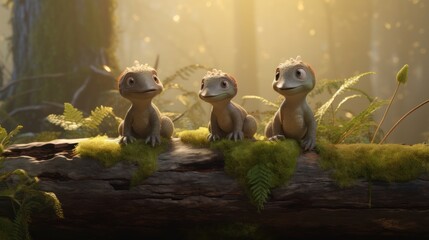 Wall Mural - cute baby dinosaur in prehistoric forest. photorealistic.