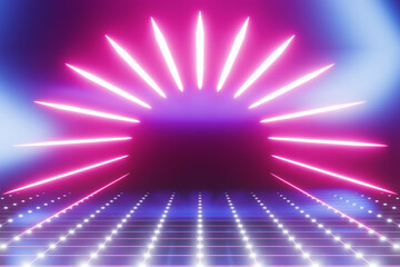 Poster - Glowing neon lines circle tunnel network. Virtual reality concept.3d rendering