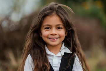 Wall Mural - schoolgirl with long hair smiles at the camera. She is wearing a white shirt and a black vest.