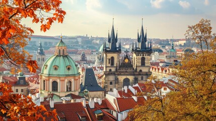 Wall Mural - Autumn foliage with beautiful historical buildings of Prague city in Czech Republic in Europe.