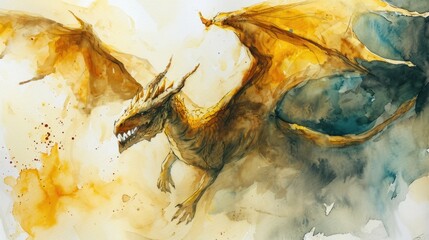 Wall Mural - Watercolor drawing of dragon over white background.