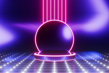 Poster - Empty cylindrical podium against a background of neon network and lines. 3d rendering