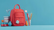 3D rendering of a red backpack with school supplies on a blue background. copy space concept for back to school or education theme composition with hand-drawn doodle elements and objects. 