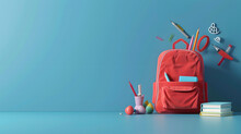 3D Rendering Of A Red Backpack With School Supplies On A Blue Background. Copy Space Concept For Back To School Or Education Theme Composition With Hand-drawn Doodle Elements And Objects. 