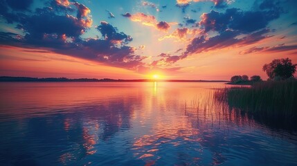 Wall Mural - Panoramic view beautiful sunset over the lake dramatic sky nature composition full color.