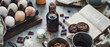Still life of a messy kitchen counter with a variety of baking ingredients.