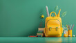 3d rendering of yellow backpack with school supplies on green background. copy space concept for back to School or education theme composition with hand drawn doodle elements and objects 