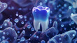 3D rendition of a vector image illustrating the notion of advertising for dental supplies on a medicinal background with a human tooth in close view 