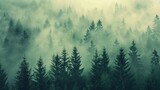 Fototapeta  - A misty landscape featuring a dense fir forest, rendered in a hipster vintage retro style