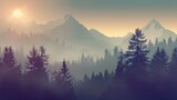 Fototapeta  - A misty landscape featuring a dense fir forest, rendered in a hipster vintage retro style