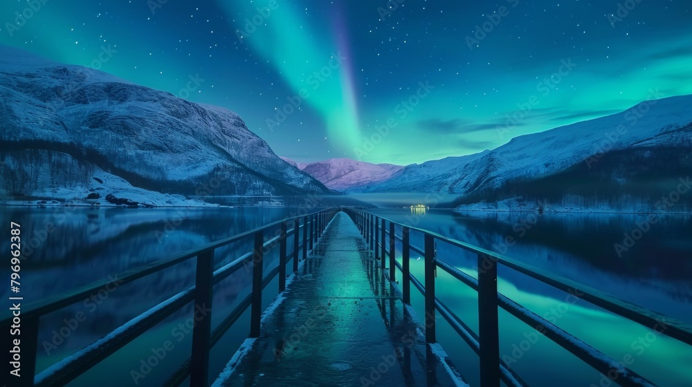 Beautiful aurora northern lights in night sky with lake pedestrian ...