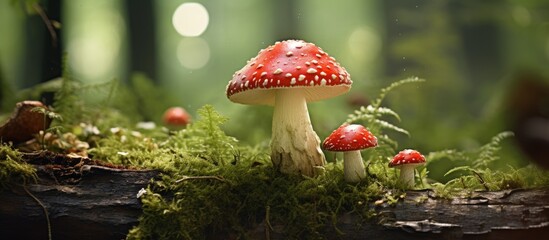 Wall Mural - mushrooms on log in forest with moss