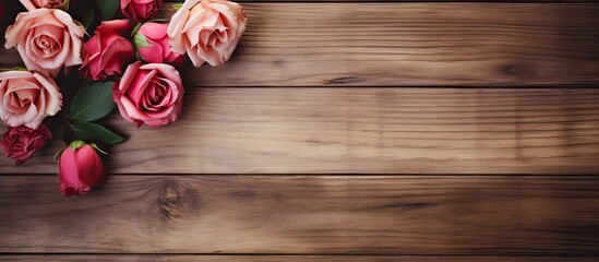 Wall Mural - Pink roses displayed on wooden surface