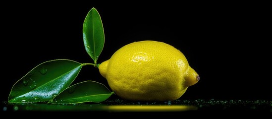 Poster - Lemon leaf on black background water droplets