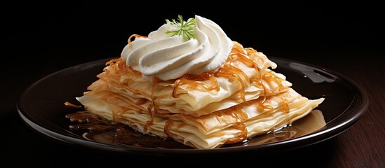 Wall Mural - Giraffe pancake topped with cream and caramel on dark dish