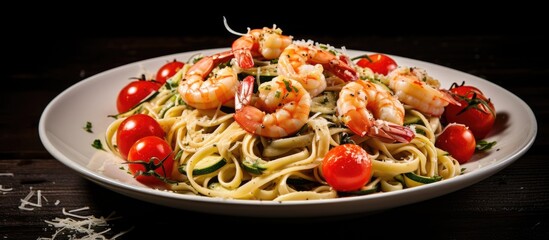 Poster - Plate of pasta featuring flavorful shrimp and juicy tomatoes