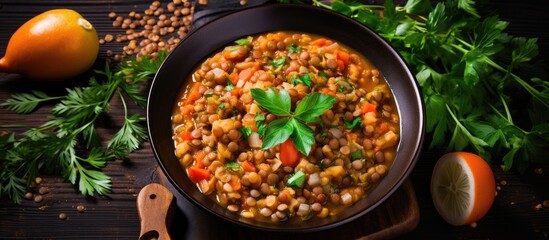 Poster - Close up of lentils in a bowl with lemon and parsley