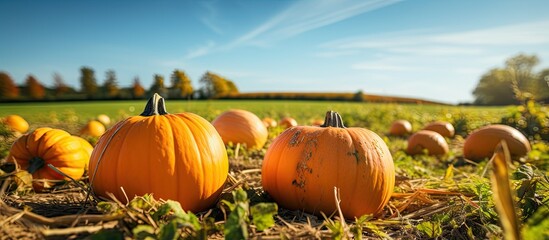 Poster - Pumpkins in field under clear sky