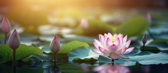 Sticker - Lotus flower blooms in serene water under sun