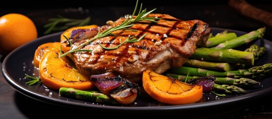 Wall Mural - A plate of asparagus and oranges