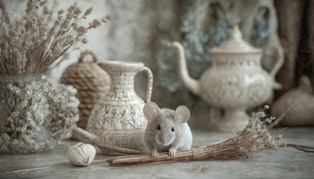 A  cute small mouse is sitting around a vintage crockery, with dry flowers, and other home decorations. The surrealistic atmosphere of mystery, witchcraft, and old house. Muted colors