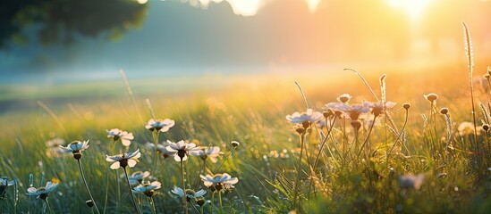 Wall Mural - Field flowers under setting sun