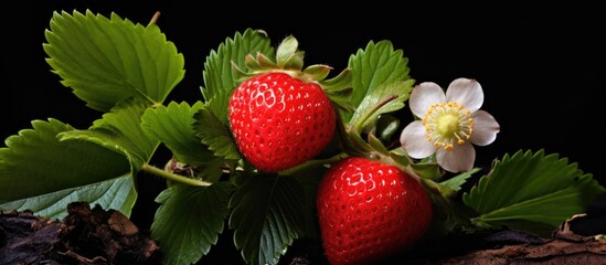 Wall Mural - Two ripe strawberries on branch with green leaves and bloom