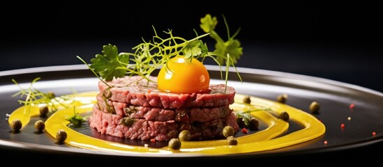 Canvas Print - Plate of food showcasing meat and egg close up