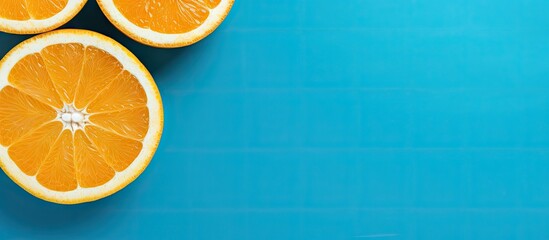 Poster - Three orange halves on blue tabletop