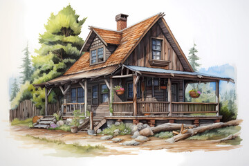 Wall Mural - Rustic Style House (Cartoon Colored Pencil) - Characterized by a natural, unrefined design with rough-hewn wood, stone, and other natural materials