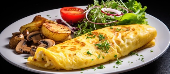 Sticker - Plate of food featuring omelet and salad